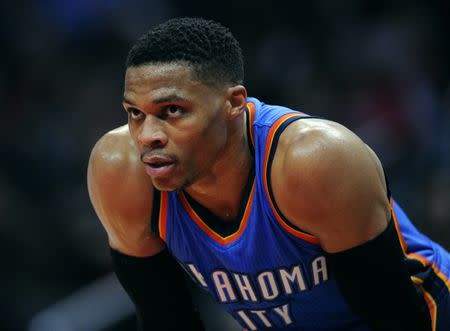 January 16, 2017; Los Angeles, CA, USA; Oklahoma City Thunder guard Russell Westbrook (0) during a stoppage in play against the Los Angeles Clippers during the second half at Staples Center. Mandatory Credit: Gary A. Vasquez-USA TODAY Sports