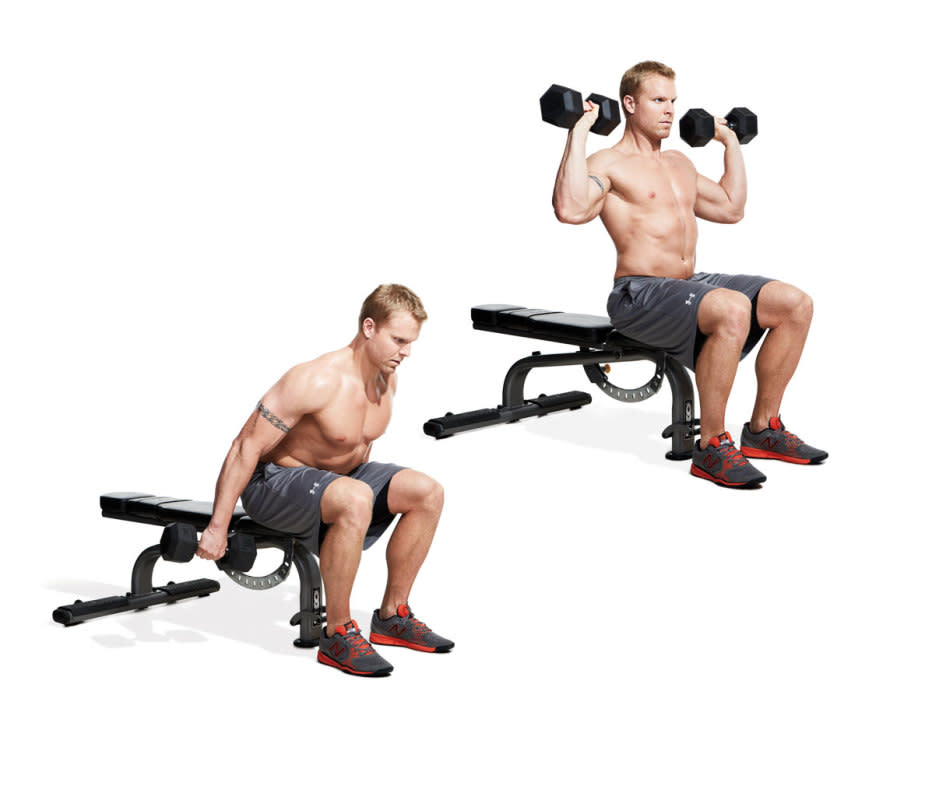 How to do it:<ul><li>Hold a dumbbell in each hand and sit on the edge of a bench. </li><li>Keeping your lower back flat, lean forward.</li><li>Explosively straighten your body and shrug the weights so your arms rise.</li><li>Allow the momentum to flip your <a href="https://www.mensjournal.com/health-fitness/trainer-qa-why-does-my-wrist-hurt/" rel="nofollow noopener" target="_blank" data-ylk="slk:wrists;elm:context_link;itc:0;sec:content-canvas" class="link ">wrists</a> so you catch the weights at shoulder level.</li></ul>