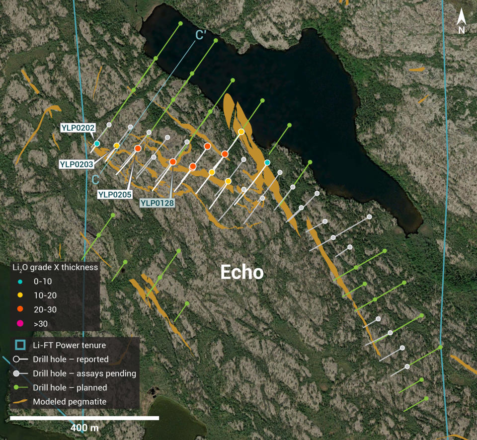 Plan view showing the surface expression of the Echo pegmatite with diamond drill holes reported in this press release.