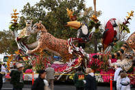 The "Western Asset," float built by Phoenix, winner of the Judges award, for the most outstanding float design and dramatic impact in the 134th Rose Parade presented by Honda, rolls down Colorado Boulevard at the 134th Rose Parade in Pasadena, Calif., Monday, Jan. 2, 2023. (AP Photo/Michael Owen Baker)