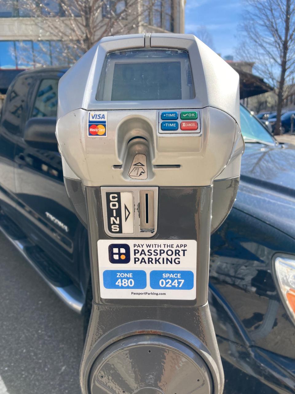 An IPS Group meter on O'Henry Avenue in downtown Asheville.