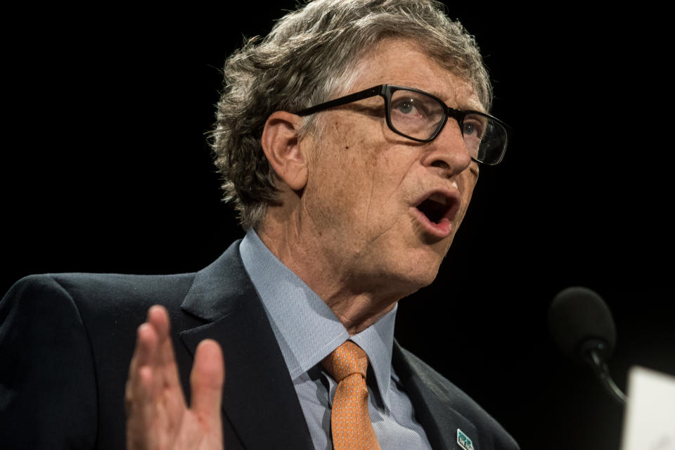 Bill Gates delivers a speech at the fundraising day at the Sixth World Fund Conference in Lyon, France, on October 10, 2019. (Photo by Nicolas Liponne/NurPhoto via Getty Images)