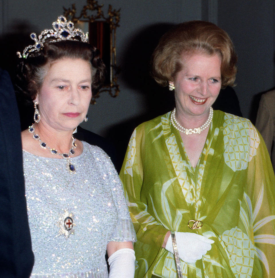 LUSAKA, ZAMBIA - AUGUST 01:  Queen Elizabeth II and Prime Minister Margaret Thatcher attend a ball to celebrate the Commonwealth Heads of Government Meeting hosted by President Kenneth Kaunda on August 01, 1979 in Lusaka, Zambia. (Photo by Anwar Hussein/Getty Images)