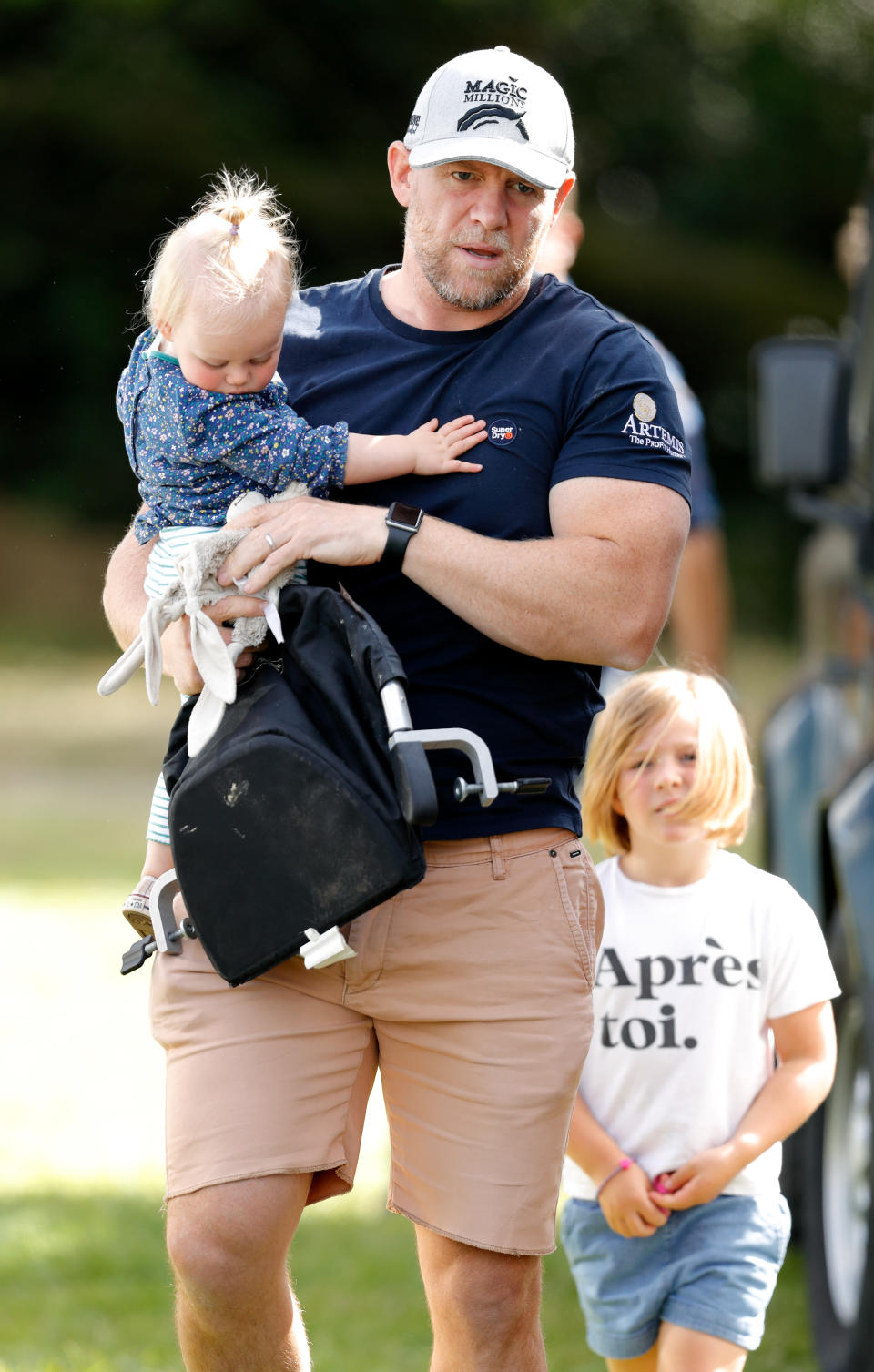 STROUD, UNITED KINGDOM - SEPTEMBER 15: (EMBARGOED FOR PUBLICATION IN UK NEWSPAPERS UNTIL 24 HOURS AFTER CREATE DATE AND TIME) Mike Tindall and daughters Lena Tindall and Mia Tindall attend day 3 of the Whatley Manor Gatcombe International Horse Trials at Gatcombe Park on September 15, 2019 in Stroud, England. (Photo by Max Mumby/Indigo/Getty Images)