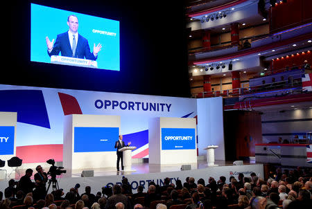 Britain's Secretary of State for Exiting the European Union Dominic Raab delivers his keynote address to the Conservative Party Conference in Birmingham, Britain, October 1, 2018. REUTERS/Toby Melville