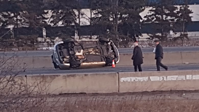 Chaotic shooting leaves vehicle on its side, with bullet holes, on Highway 401