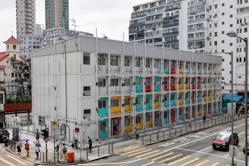 Government's newly-built four-story "module homes" building made from pre-fabricated parts are seen at Shek Kip Mei, in Hong Kong