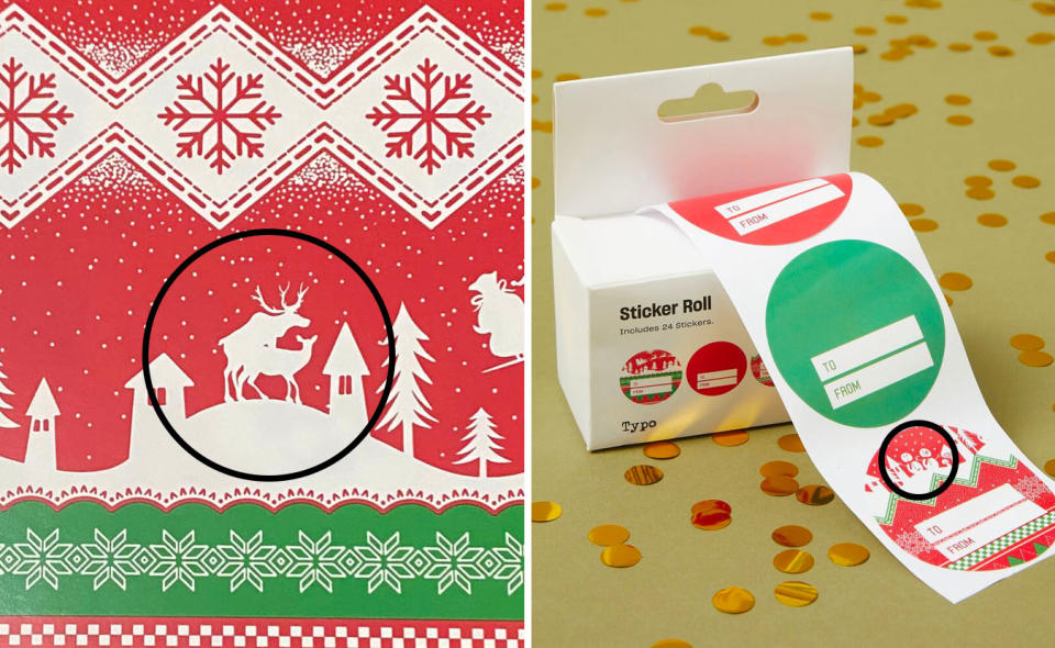 L: Two deer mating on Typo wrapping paper. R: A box of Christmas sticker tags with an 'aroused' snowman circled