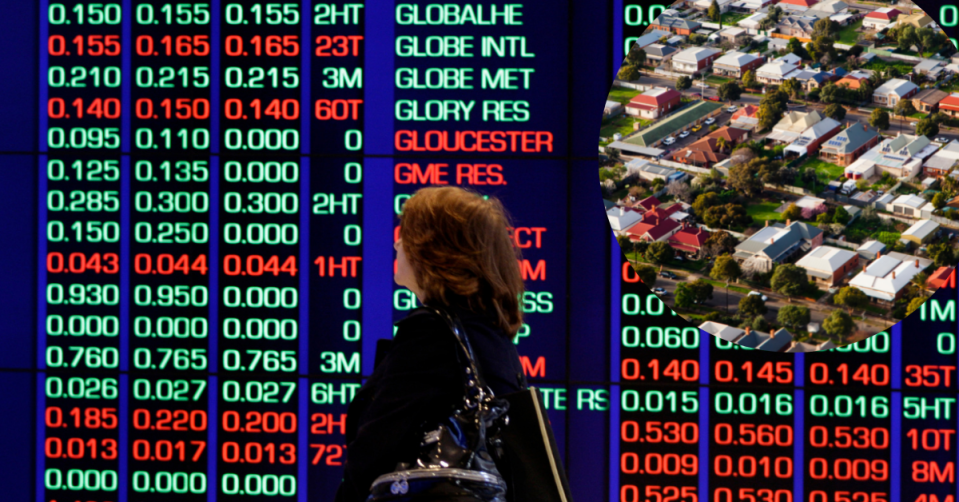 A woman standing in front of the ASX with a bubble on the side showing aerial view of an Australian suburbs.