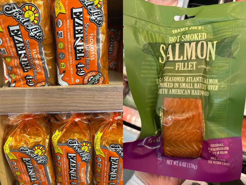 Ezekial bread in Trader Joe's on wood shelf next to image of hot smoked salmon filet