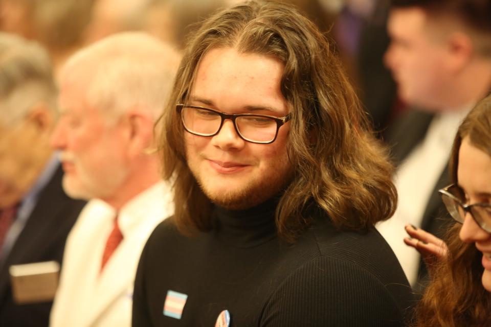 Adam Kellogg, a student at the University of Kansas who is transgender, testified Tuesday before the Senate Public Health and Welfare Committee opposing a bill to ban gender-affirming care for minors.