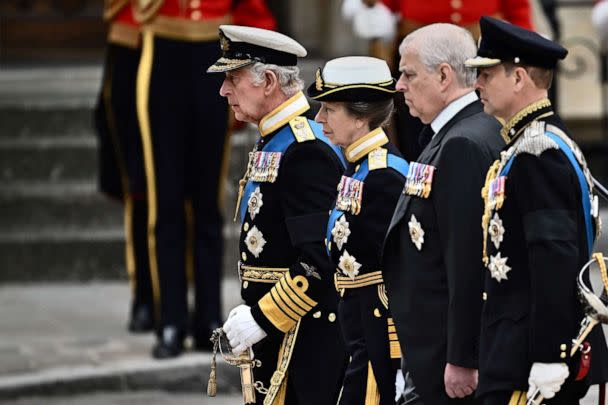 PHOTO: Britain's King Charles III, Britain's Princess Anne, Princess Royal, Britain's Prince Andrew, Duke of York and Britain's Prince Edward, Earl of Wessex arrive at Westminster Abbey in London, Sept. 19, 2022, for the funeral of Queen Elizabeth II. (Marco Bertorello/AFP via Getty Images)