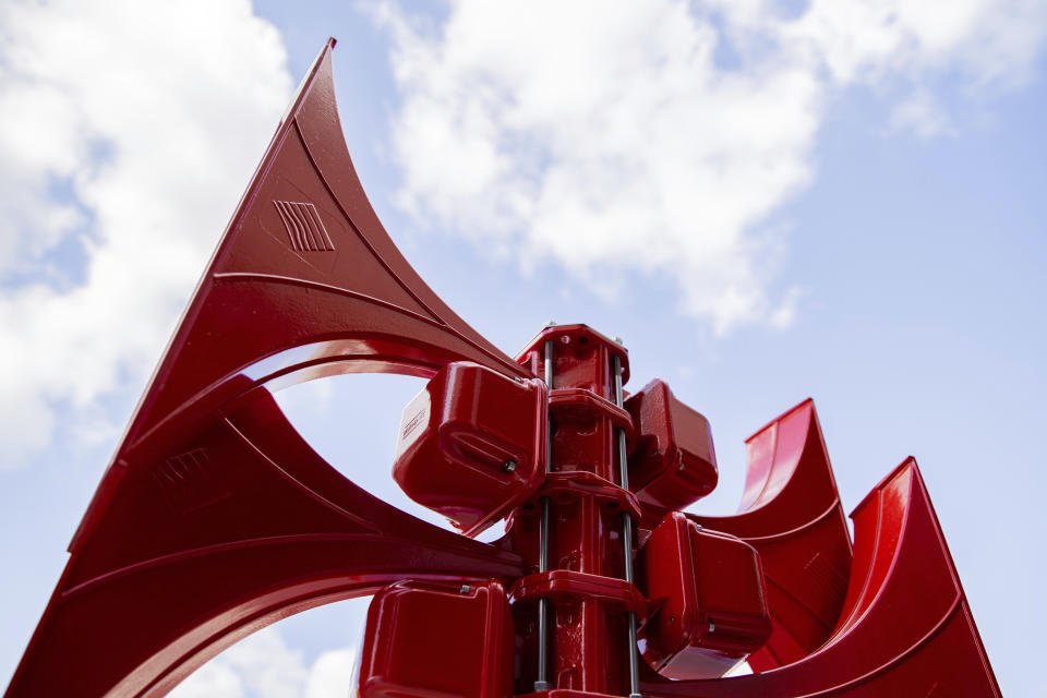 A siren is installed at the fire station in Leverkusen, Germany, Thursday,Sept. 10, 2020, when all available warning devices were tested nationwide. For the first time in 30 years, Germany was planning a nationwide test of sirens on Thursday morning _ only the alarm didn't go off in some places and push alerts never arrived or popped up late on many users' smart phones. (Rolf Vennenbernd/dpa via AP)