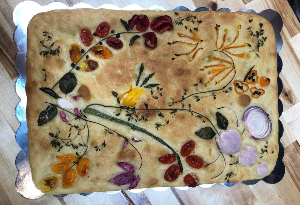 Focaccia bread garden art made by Petersburg Garden Club member Jo Anne Davis on display during the Club's home and garden tour on April 26, 2022.