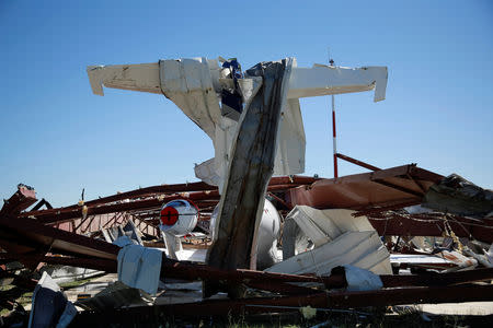 A damaged HondaJet is seen at the Eufaula Municipal Airport, after a string of tornadoes, in Eufaula, Alabama, U.S., March 5, 2019. REUTERS/Elijah Nouvelage