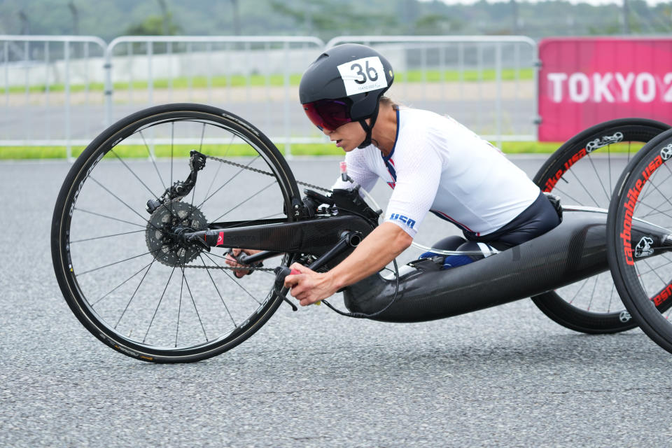 TOKYO, JAPAN - AUGUST 31:Oksana Masters of Team United States competes during Cycling Road Women’s H4-5 Time Trial on day 7 of the Tokyo 2020 Paralympic Games at Fuji International Speedway on August 31, 2021 in Tokyo, Japan. (Photo by Moto Yoshimura/Getty Images)