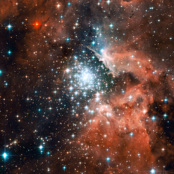 7. La región de formación de estrellas NGC 3603 contiene uno de los racimos de estos cuerpos celestes más impresionantes de la Vía Láctea. Envuelto en polvo y gas, se cree que el racimo se formó hace millones de años en un período fecundo.