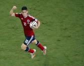 Colombia's James Rodriguez celebrates after scoring a penalty goal against Brazil during their 2014 World Cup quarter-finals at the Castelao arena in Fortaleza July 4, 2014. REUTERS/Fabrizio Bensch (BRAZIL - Tags: SOCCER SPORT WORLD CUP)