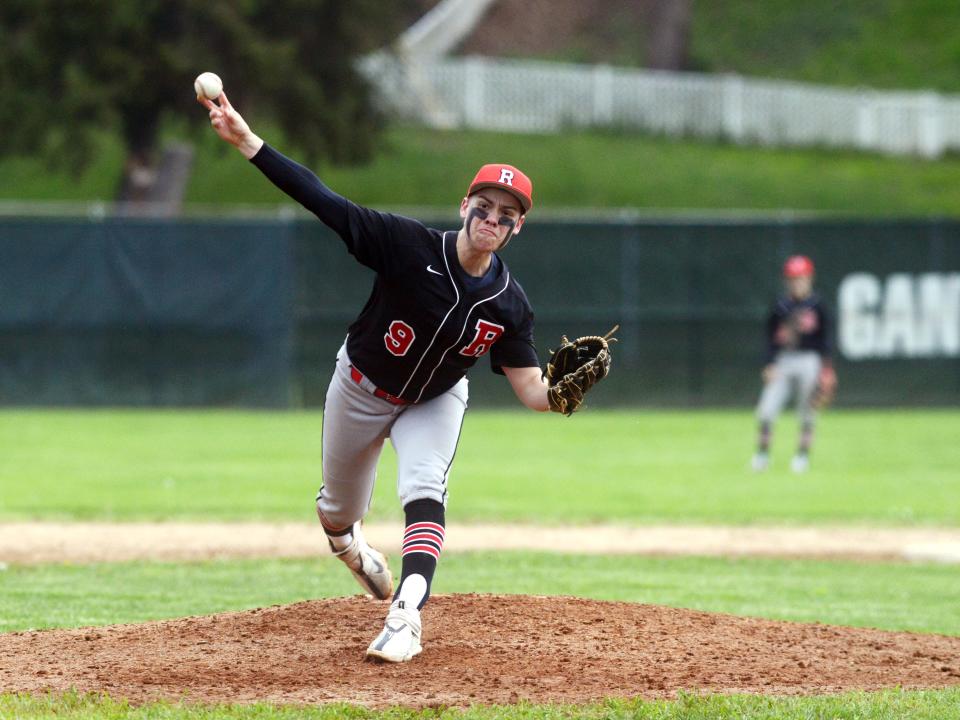 Mikey Burkhart fires a pitch to the plate for Rosecrans during an 11-5 loss to visiting Fairfield Christian Academy on May 5, 2023, in a Mid-State League-Cardinal Division clash at Gant Municipal Stadium in Zanesville. Both teams stand at 8-4 in league play.