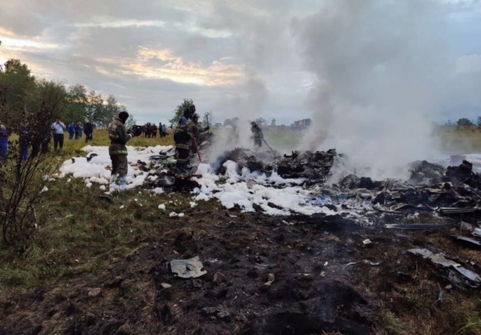 A plane wreckage in a field.