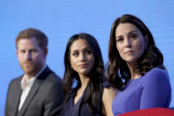 FILE - In this Wednesday, Feb. 28, 2018 file photo, Britain's Kate, Duchess of Cambridge, right, with Prince Harry and his fiancee Meghan Markle attend the first annual Royal Foundation Forum in London. Britain and its royal family are absorbing the tremors from a sensational television interview with Prince Harry and Meghan. The couple said they encountered racist attitudes and a lack of support that drove Meghan to thoughts of suicide. The couple gave a deeply unflattering depiction of life inside the royal household, depicting a cold, uncaring institution that they had to flee to save their lives. Meghan told Oprah Winfrey that at one point “I just didn’t want to be alive anymore.” Meghan, who is biracial, said that when she was pregnant with son Archie, there were “concerns and conversations about how dark his skin might be when he’s born.”. (Chris Jackson/Pool via AP, FIle)