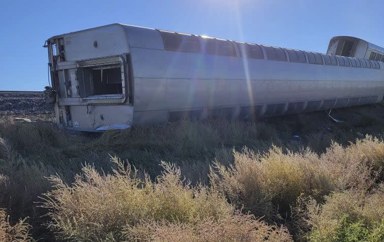 This photo provided by Kimberly Fossen shows an Amtrak train that derailed on Saturday in north-central Montana. 