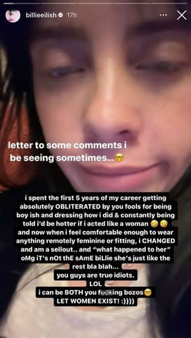 <p>Billie Eilish/Instagram</p> Billie Eilish calls out critics on her Instagram Story