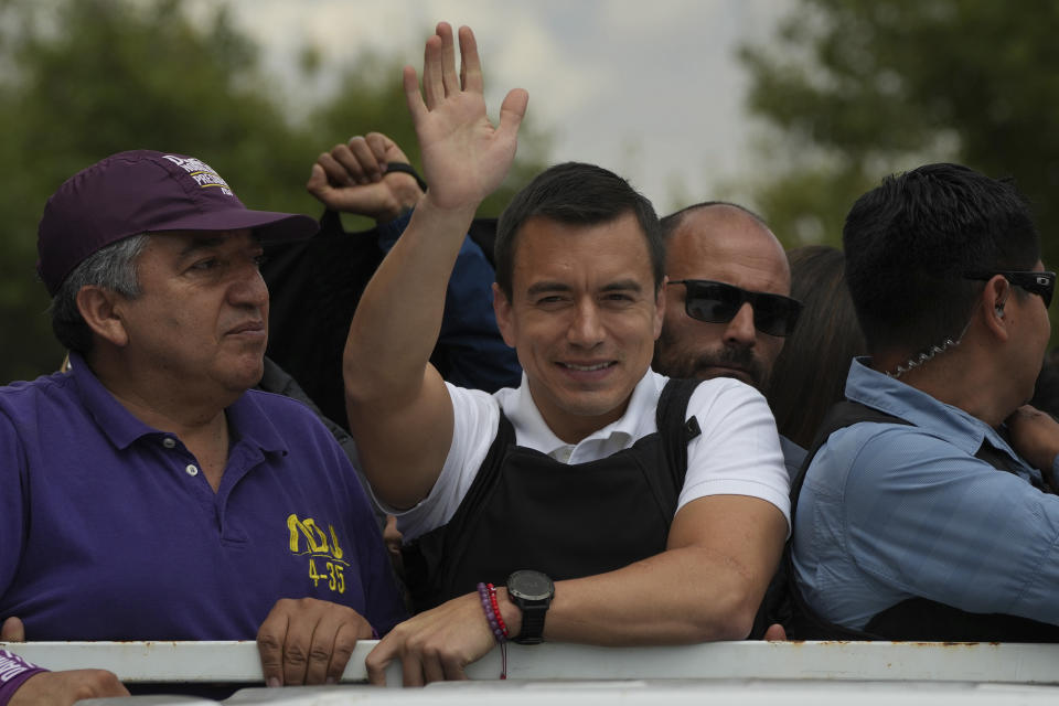 Presidential candidate Daniel Noboa, of the National Democratic Action Alliance political party, greets supporters during a rally in Quito, Ecuador, Wednesday, Oct. 11, 2023. (AP Photo/Dolores Ochoa)