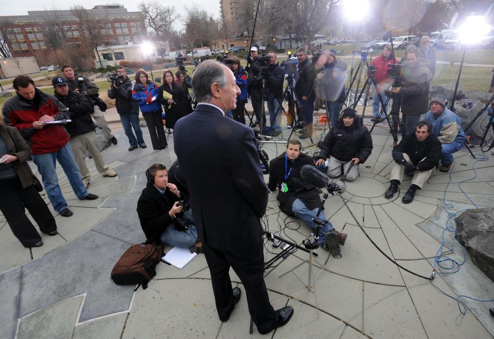 David Lane, attorney for Balloon Boy father Richard Heene, fields questions from the media after Heene plead guilty to attempting to influence a public official Nov. 13, 2009.