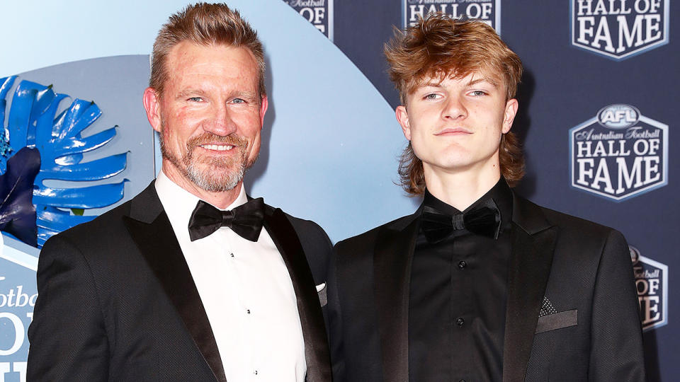 Nathan and Jett Bucley are pictured at the 2022 Australian Football Hall of Fame induction ceremony.