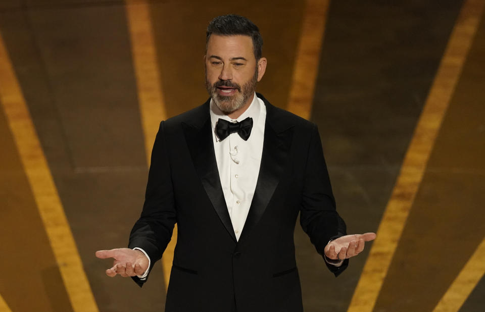 Host Jimmy Kimmel speaks at the Oscars on Sunday, March 12, 2023, at the Dolby Theatre in Los Angeles. (AP Photo/Chris Pizzello)