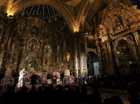 Pope Francis speaks as he meets members of the civil society at the San Francisco Church in Quito, Ecuador, July 7, 2015. REUTERS/Guillermo Granja