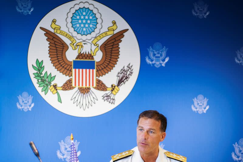 U.S. Admiral John C. Aquilino speaks during a news conference in Bangkok