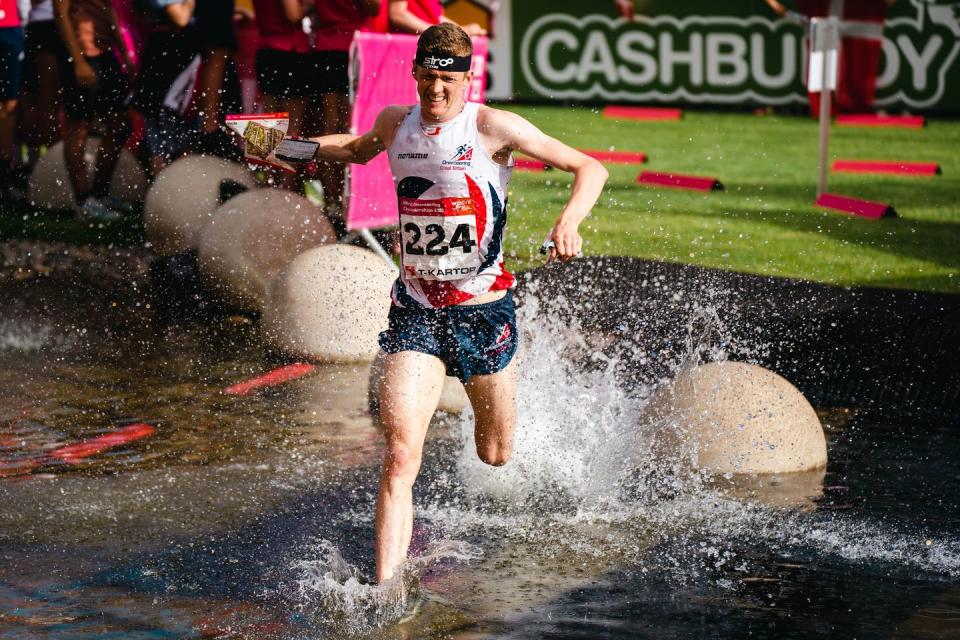 a man running through water