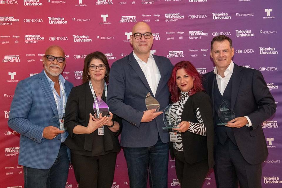 The 2023 Hispanic Television Awards recipients (from l.): Tony Hernandez of the Immigrant Archive Product, Award for Leadership in Hispanic TV Cultural Narrative; Isabella Sanchez, Hispanic Media Council and Zubi Advertising Services, Award for Leadership in Hispanic TV and Media; Freddy Rolón, ESPN Deportes, Rafael Elii Award for Programming Pioneer in Hispanic TV;  Adriana Waterston, Horowitz Associates, Rafael Eli Award for Corporate Pioneer in Hispanic TV; and Miguel Gurwitz, NBCUniversal Telemundo, Award for Leadership in Hispanic TV Programming.