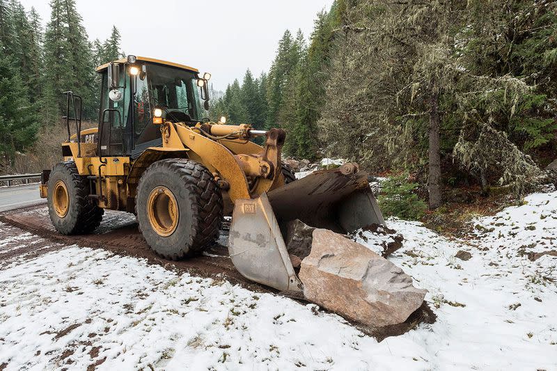 A rock which fell on a highway and caused some vehicles damage is pictured in Santiam Pass