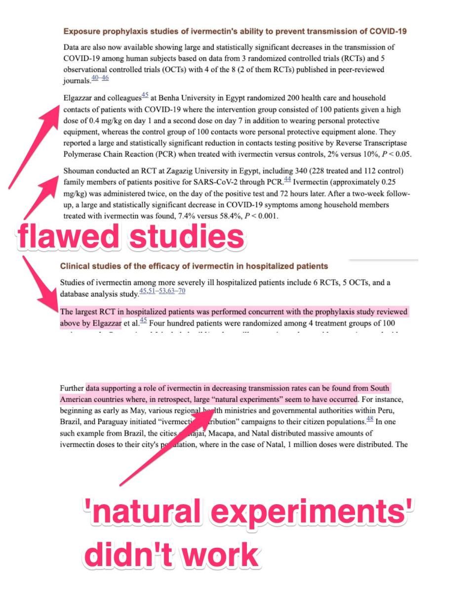 highlights on the paper point out where it cites flawed studies, and 'natural experiments' with ivermectin that didn't work