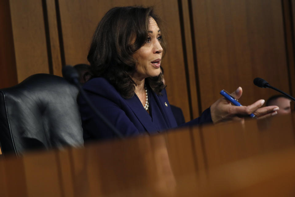 Sen. Kamala Harris, D-Calif., questions President Donald Trump's Supreme Court nominee, Brett Kavanaugh, in the evening of the second day of his Senate Judiciary Committee confirmation hearing, Wednesday, Sept. 5, 2018, on Capitol Hill in Washington, to replace retired Justice Anthony Kennedy. (AP Photo/Jacquelyn Martin)