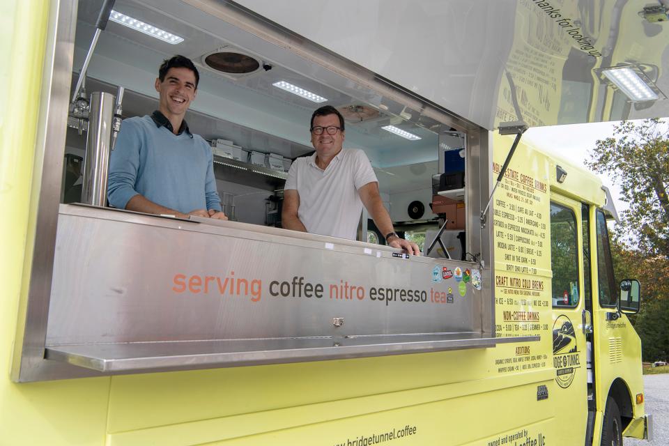 Bridge and Tunnel Coffee’s Bobby Nagelberg, left, and co-founder Greg Fulcher at A-B Tech, October 19, 2023.
