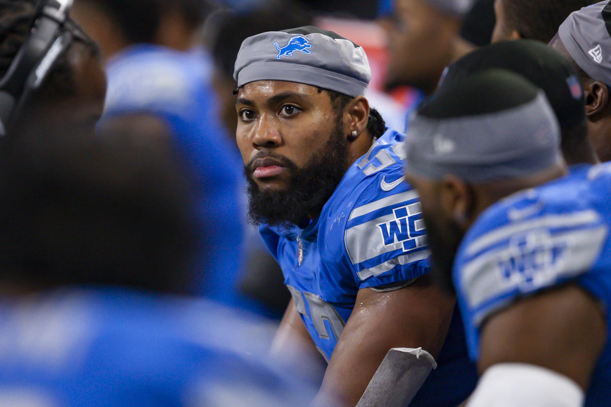 Dec 19, 2021; Detroit, Michigan, USA; Detroit Lions linebacker Jessie Lemonier (52) sits on the bench during the fourth quarter against the Arizona Cardinals at Ford Field. Mandatory Credit: Raj Mehta-USA TODAY SportsJessie Lemonier spent time with the Detroit Lions, Los Angeles Chargers and Arizona Cardinals. (Raj Mehta-USA TODAY Sports)