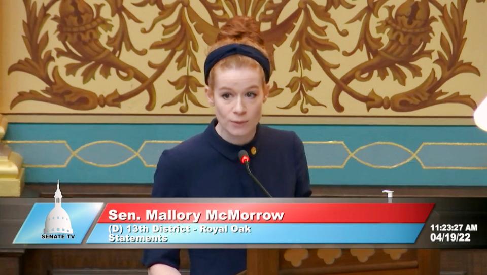 Michigan State Sen. Mallory McMorrow speaking on the Senate floor in Lansing on April 19, 2022.