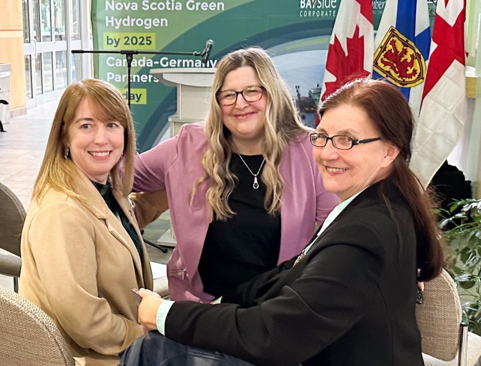 Richmond County Warden Amanda Mombourquette, Port Hawkesbury Mayor Brenda Chisholm-Beaton and Inverness County Warden Bonny MacIsaac at a recent green energy announcement.