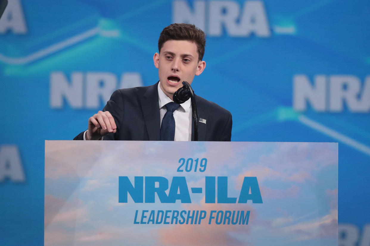 INDIANAPOLIS, INDIANA - APRIL 26:  Kyle Kashuv, a Marjory Stoneman Douglas High School student speaks during the NRA-ILA Leadership Forum at the 148th NRA Annual Meetings & Exhibits on April 26, 2019 in Indianapolis, Indiana. The convention, which runs through Sunday, features more than 800 exhibitors and is expected to draw 80,000 guests. (Photo by Scott Olson/Getty Images)