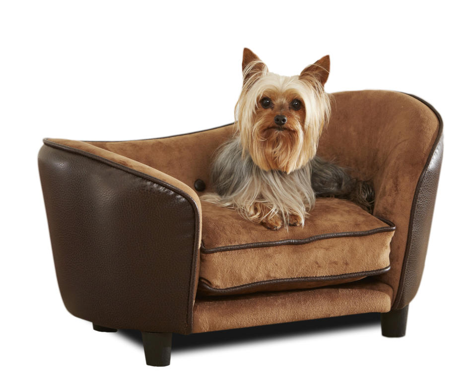 This undated image supplied by Enchanted Home Pet shows one of the company’s dog-sized sofas. The furniture’s contemporary styling, colors and patterns are designed to be inviting and comfortable for pets while offering aesthetic appeal to their human owners as accent pieces that will look nice in a well-appointed home. (AP Photo/Enchanted Home Pet/Q10 Products LLC)