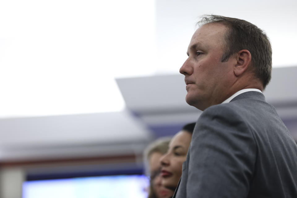 Brian Hardy, attorney representing Vice Chair of the Nevada Republican Committee Durward James Hindle III, appears in court in Las Vegas, Monday, March 4, 2024. (Wade Vandervort/Las Vegas Sun via AP)