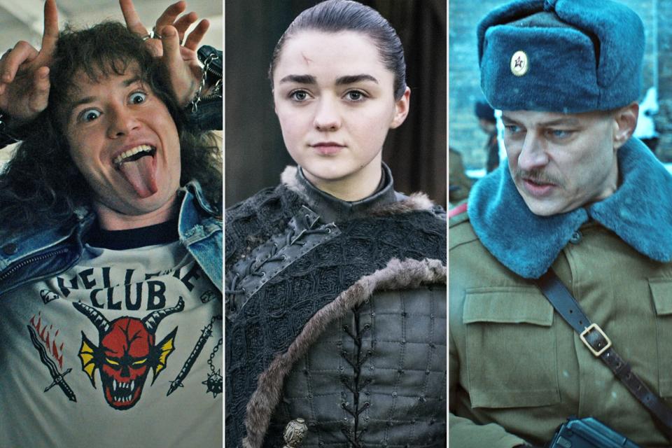 STRANGER THINGS. Joseph Quinn as Eddie Munson in STRANGER THINGS. Cr. Courtesy of Netflix © 2022; Game of Thrones series finale Season 8, Episode 6 "The Iron Throne" Pictured: Maisie Williams as Arya Stark Photo: Helen Sloan/HBO; STRANGER THINGS. (L to R) David Harbour as Jim Hopper and Tom Wlaschiha as Dmitri in STRANGER THINGS. Cr. Courtesy of Netflix © 2022