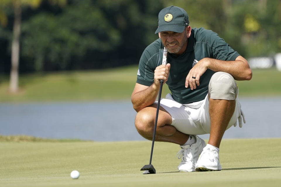 Sergio Garcia lines up a putt on the 16th green during the second round of the LIV Golf Team Championship at Trump National Doral Golf Club, Saturday, Oct. 29, 2022, in Doral, Fla. (AP Photo/Lynne Sladky)