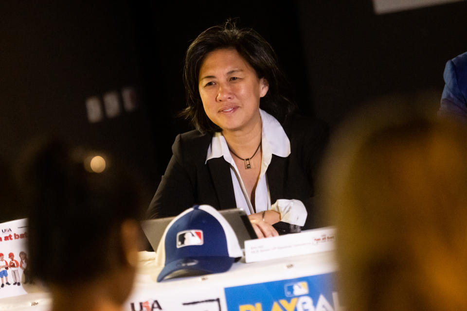 Kim Ng, seen here at a conference in Brazil in February, has been qualified for a GM role for years. (Photo by Marcelo Maragni/MLB Photos via Getty Images)