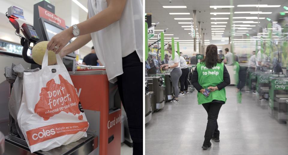 Left: A Coles customer filling a plastic shopping bag at a self-serve register. Right: A staff member patrols the Woolworths self-serve area.