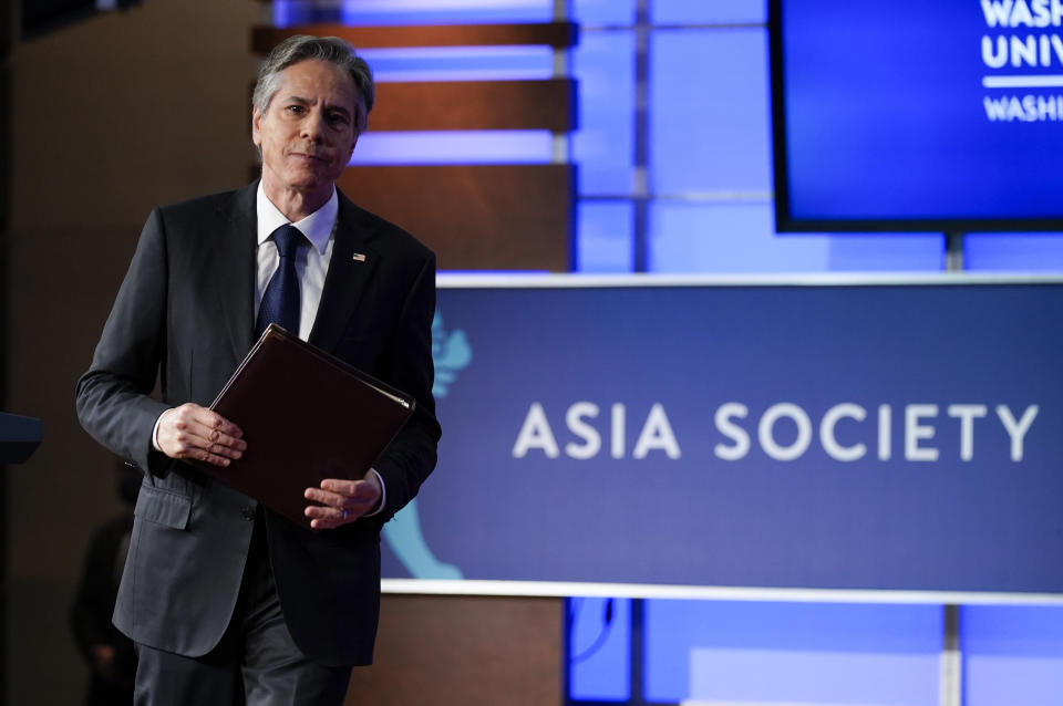 Secretary of State Antony Blinken walks from the podium after speaking at George Washington University in Washington, Thursday, May 26, 2022, outlining the administration's policy toward China at an event hosted by the Asia Society. (AP Photo/ Carolyn Kaster)